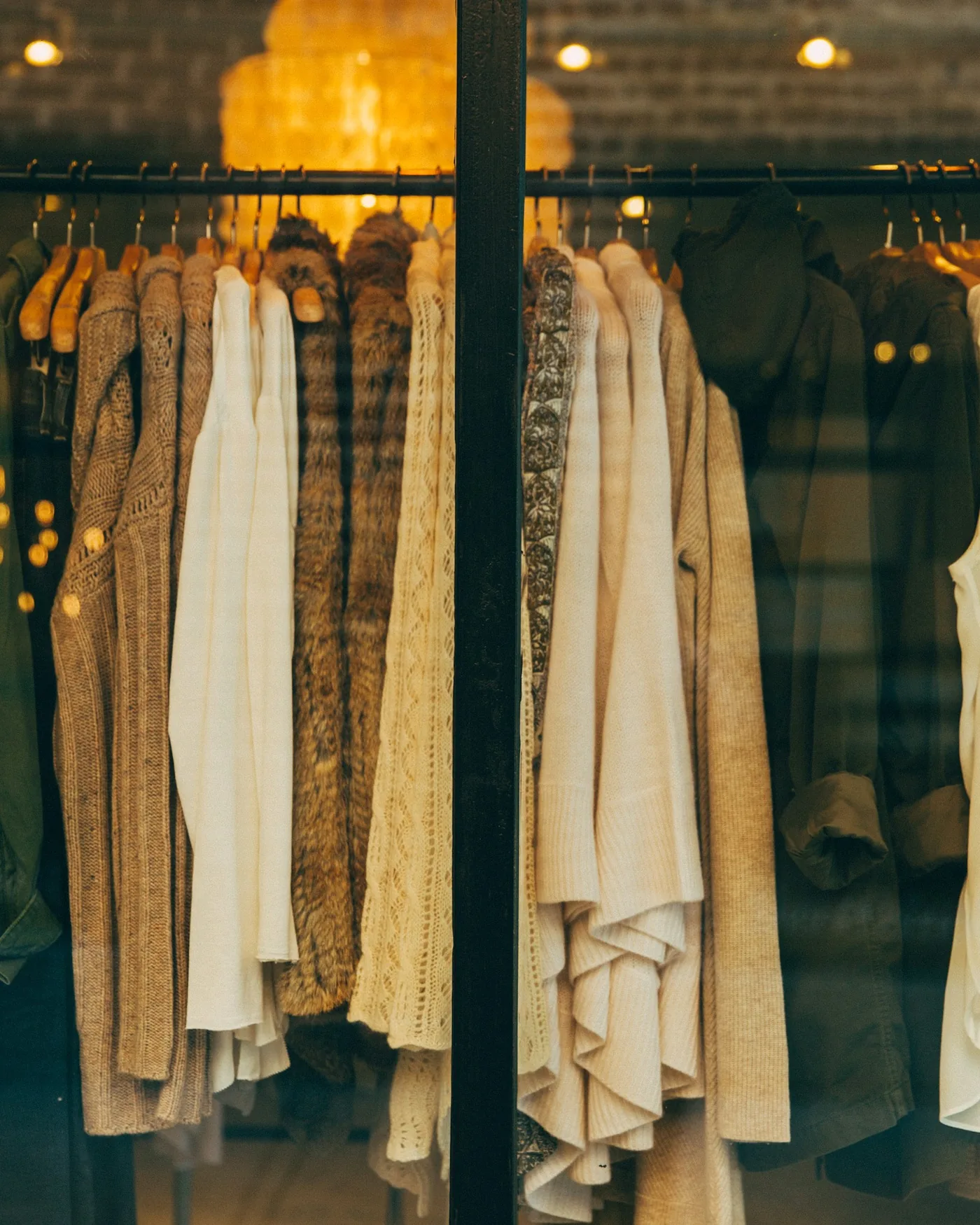 A rail of neutral clothing samples